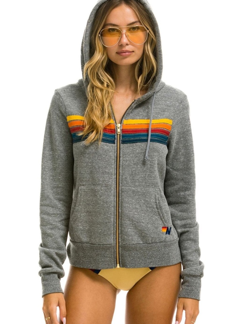 Aviator Nation Heather Gray 5 Stripe Zip Hoodie Size S